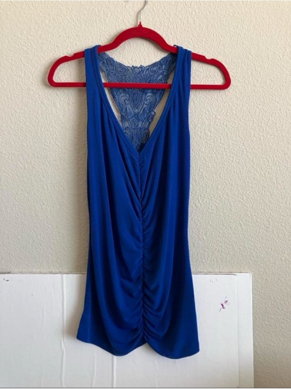 Frederick's of Hollywood Cobalt Blue Lace-Back Ruched V-Neck Tank